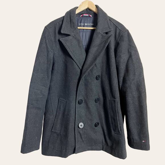 Tommy Hilfiger Men’s Black Wool Blend Insulated Double Breasted Pea Coat M - Picture 1 of 9